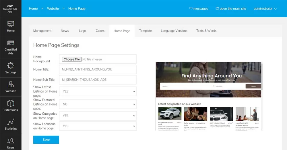 home page configuration of php classified ads script
