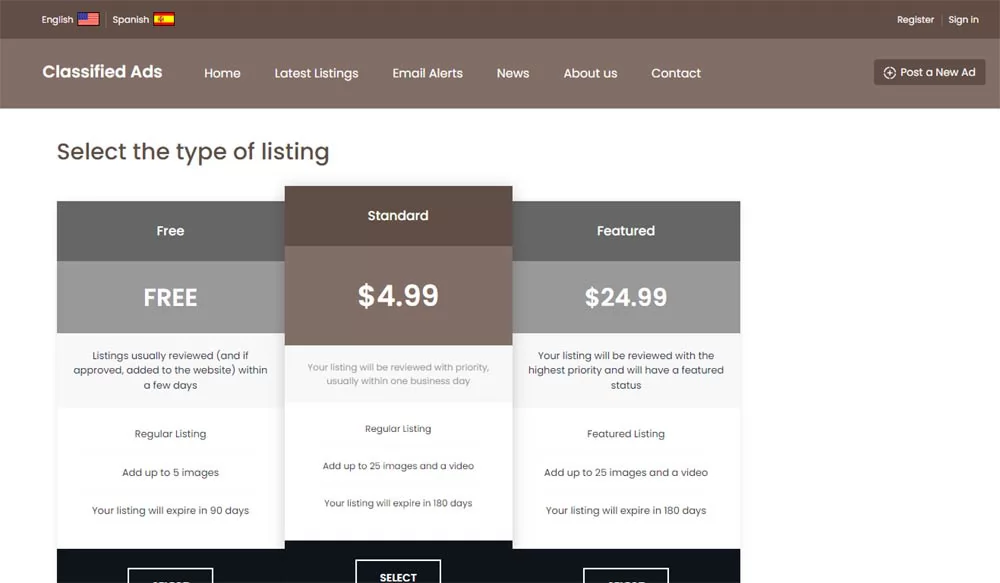listing packages php classifieds script