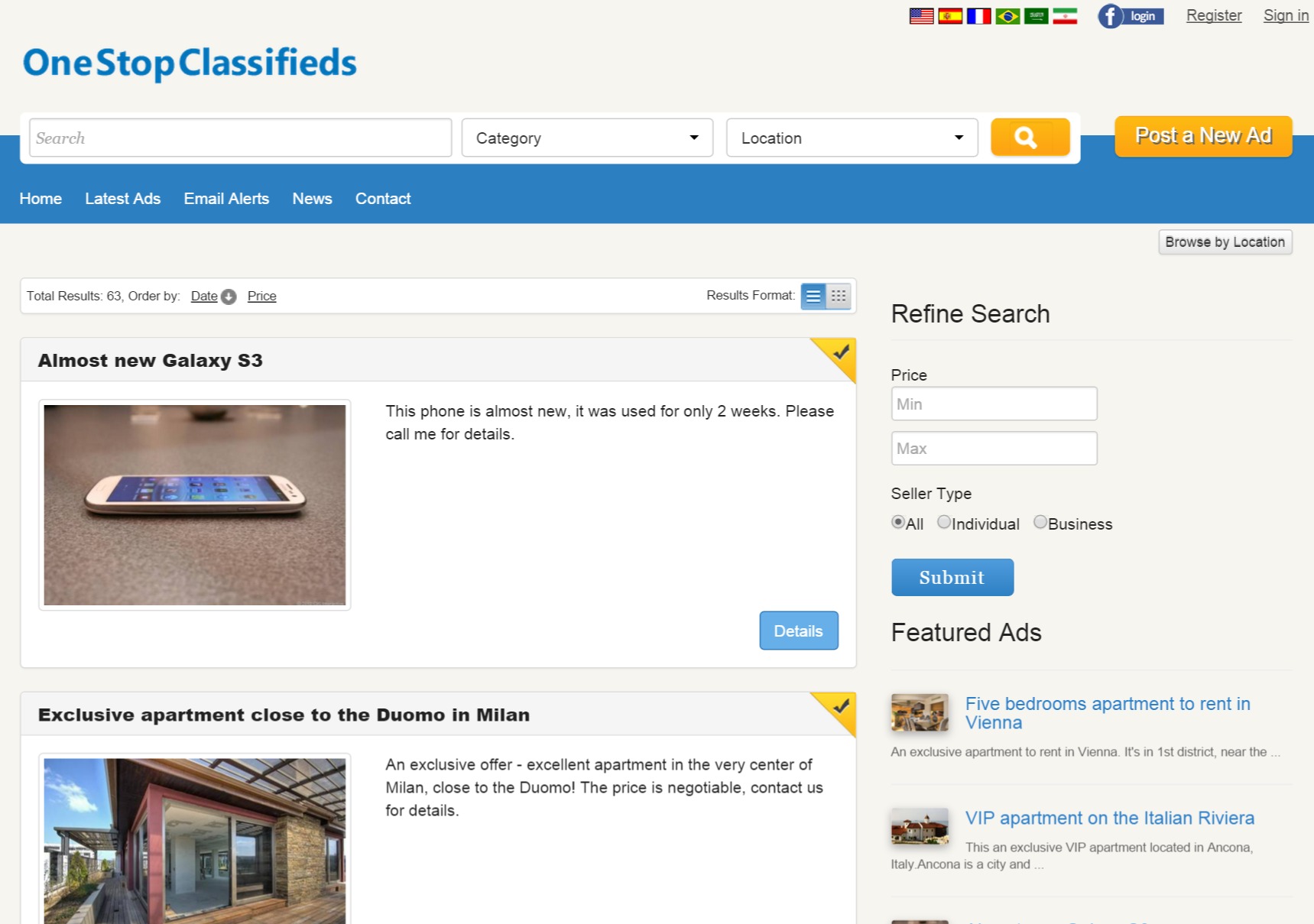 list format of the search results php classifieds script