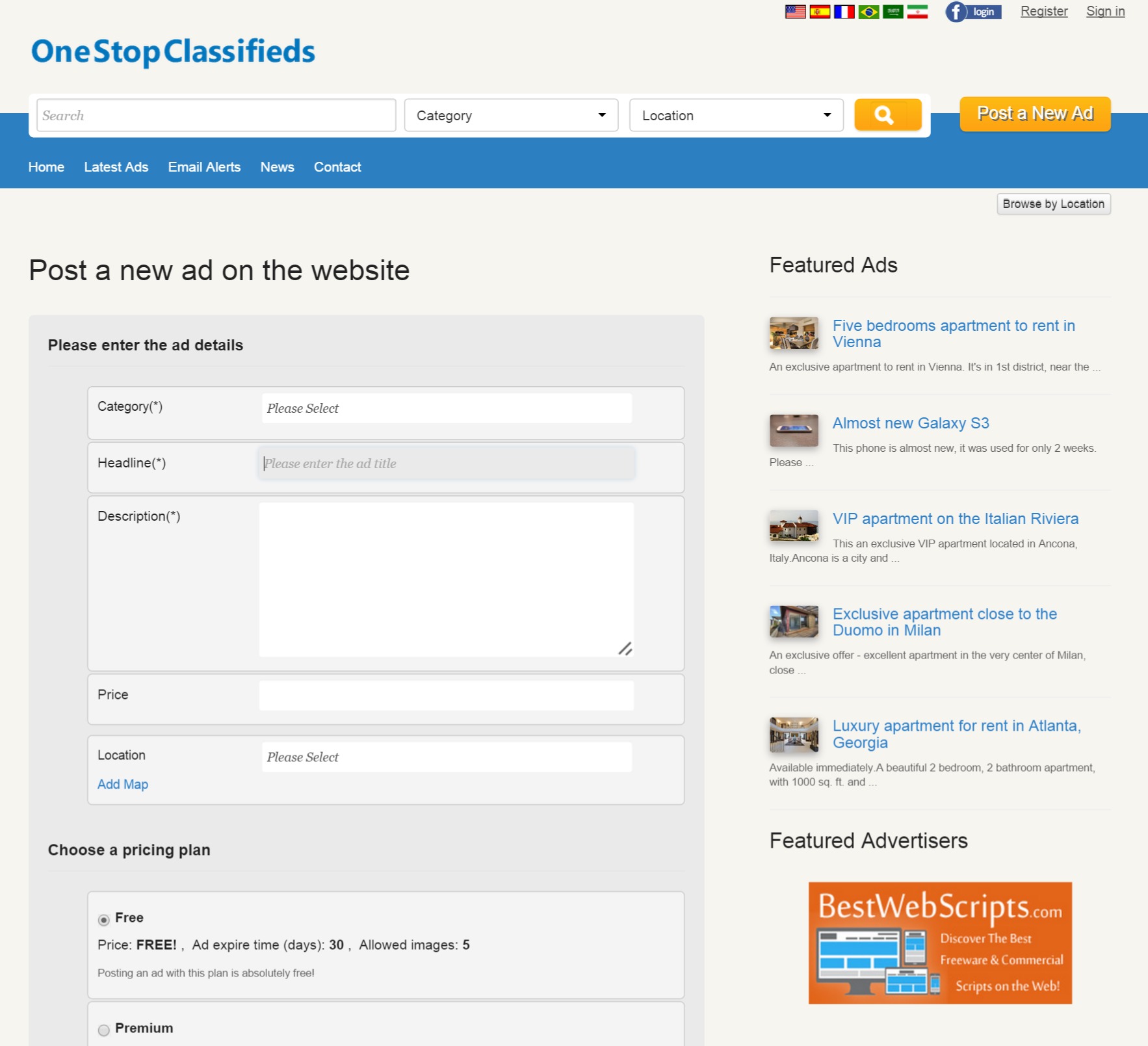 posting a new classified ad on the website php classifieds script